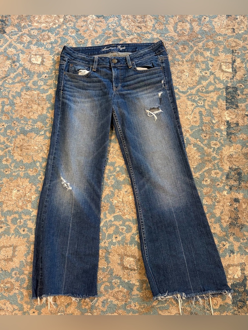 American Eagle Outfitters Dark Blue Distressed Flared Jeans Size 10 Hipster